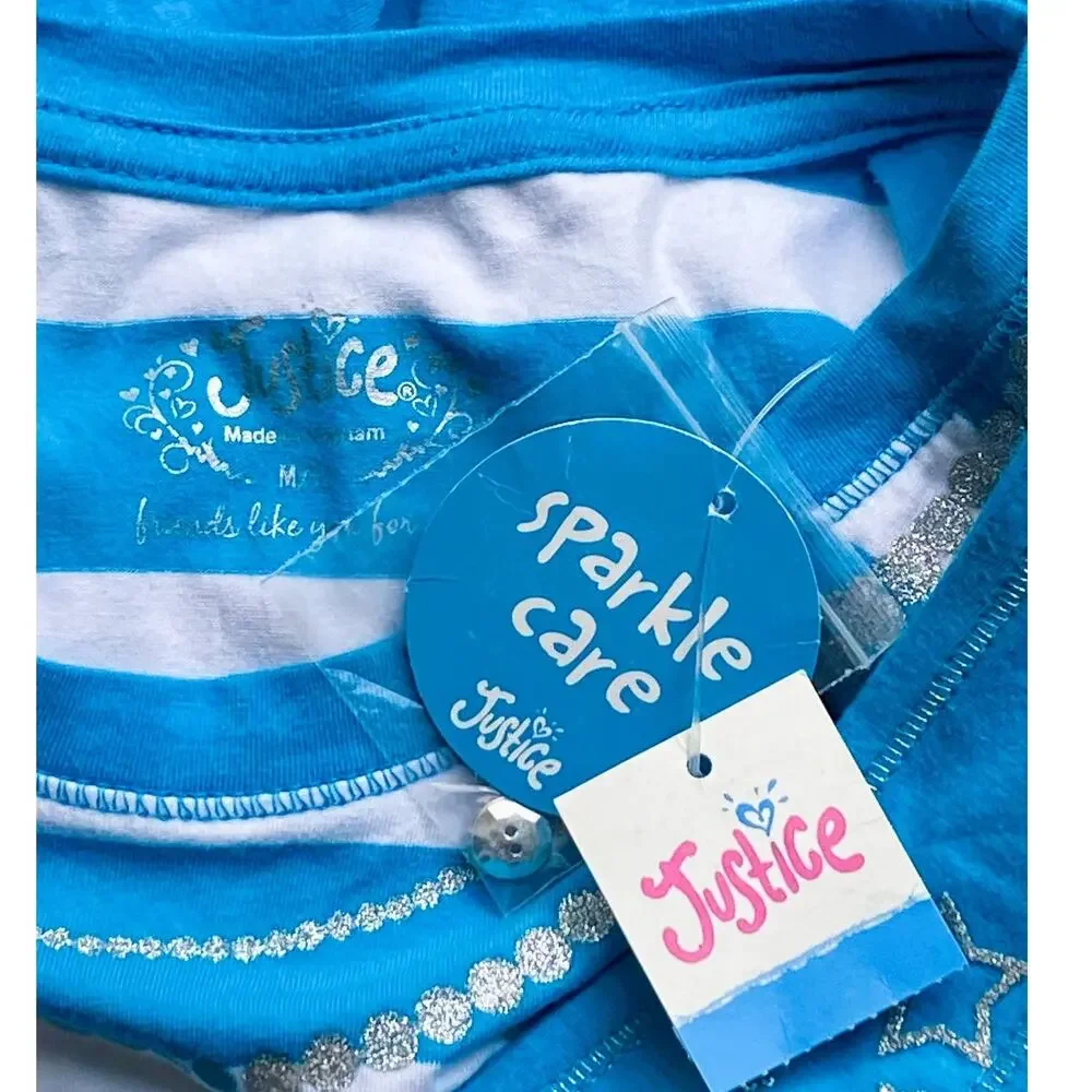 NWT ~ JUSTICE Bright Blue & White Stripe Ruffle Vest Sparkle Dress ~ Girls M 12